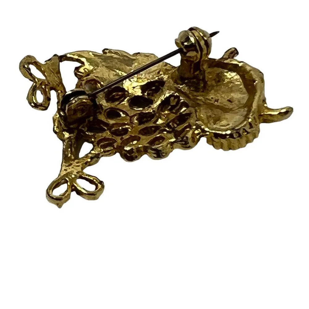 Owl Brooch Clear‎ Rhinestone Eyes Filigree Gold Tone Vintage Pin